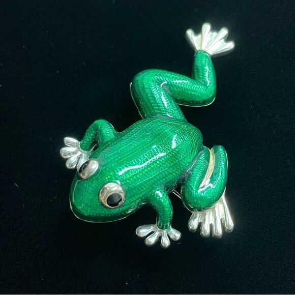 Enameled frog pin vintage silver, green, and black brooch - Picture 6 of 7